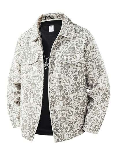 Chaqueta de trabajo de pana con cuello solapo y estampado para hombre, talla grande, relleno de algodón, diseño casual, ideal para usar como abrigo de entretiempo