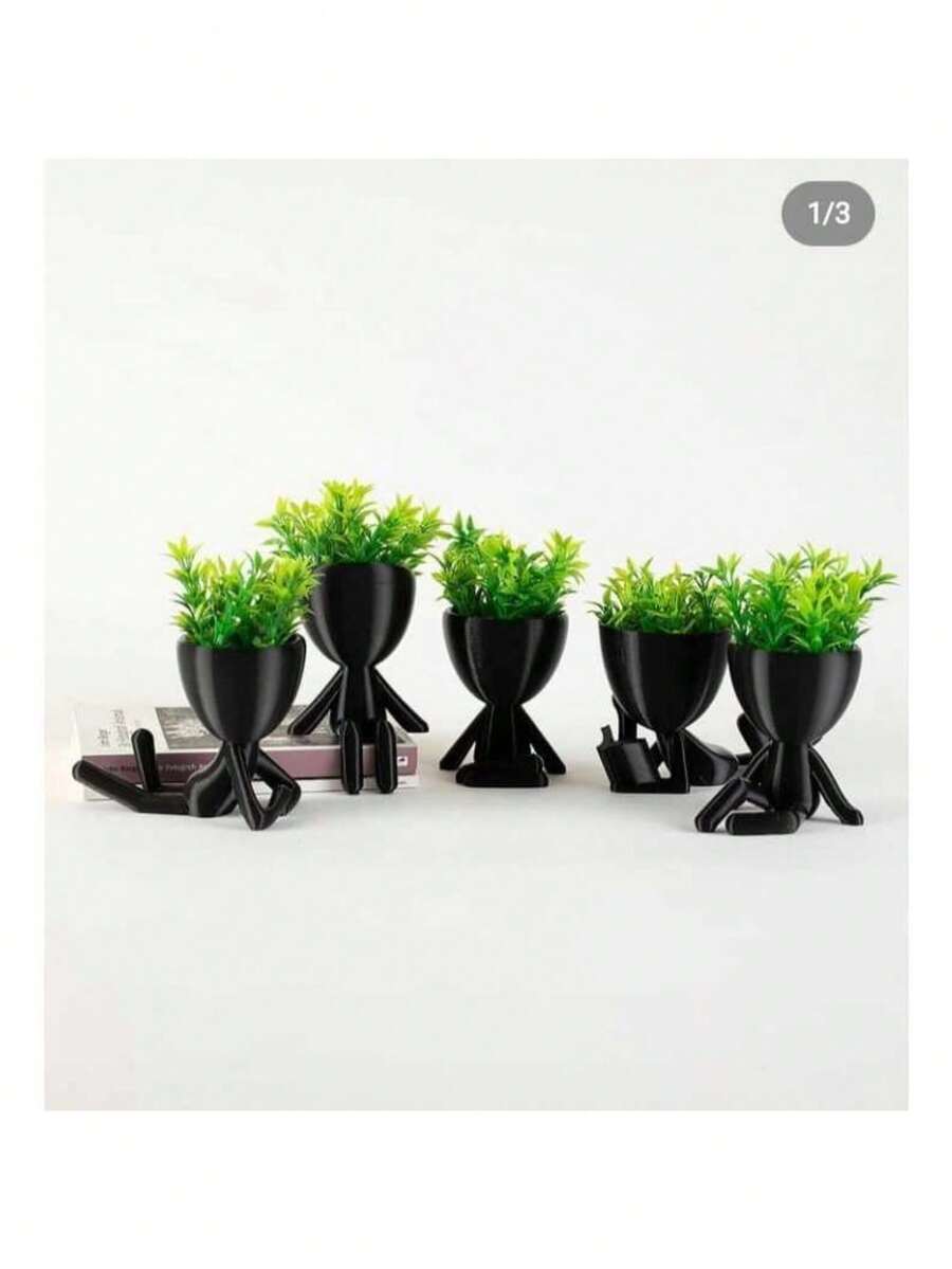 Set Of 3 Mini Vases With Artificial Bob Robert Flowers For Decoration, Mini Plastic Vase Size 6 Cm - Black - View 1