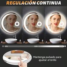 Espejo LED para Baño Espejo de Baño Redondo con Función de Memoria y Desempañado HD Botones Táctiles Inteligentes Espejo de Maquillaje Regulable 3 Colores 4mm Vidrio Prueba Explosiones - GrisLuna - Ver 5