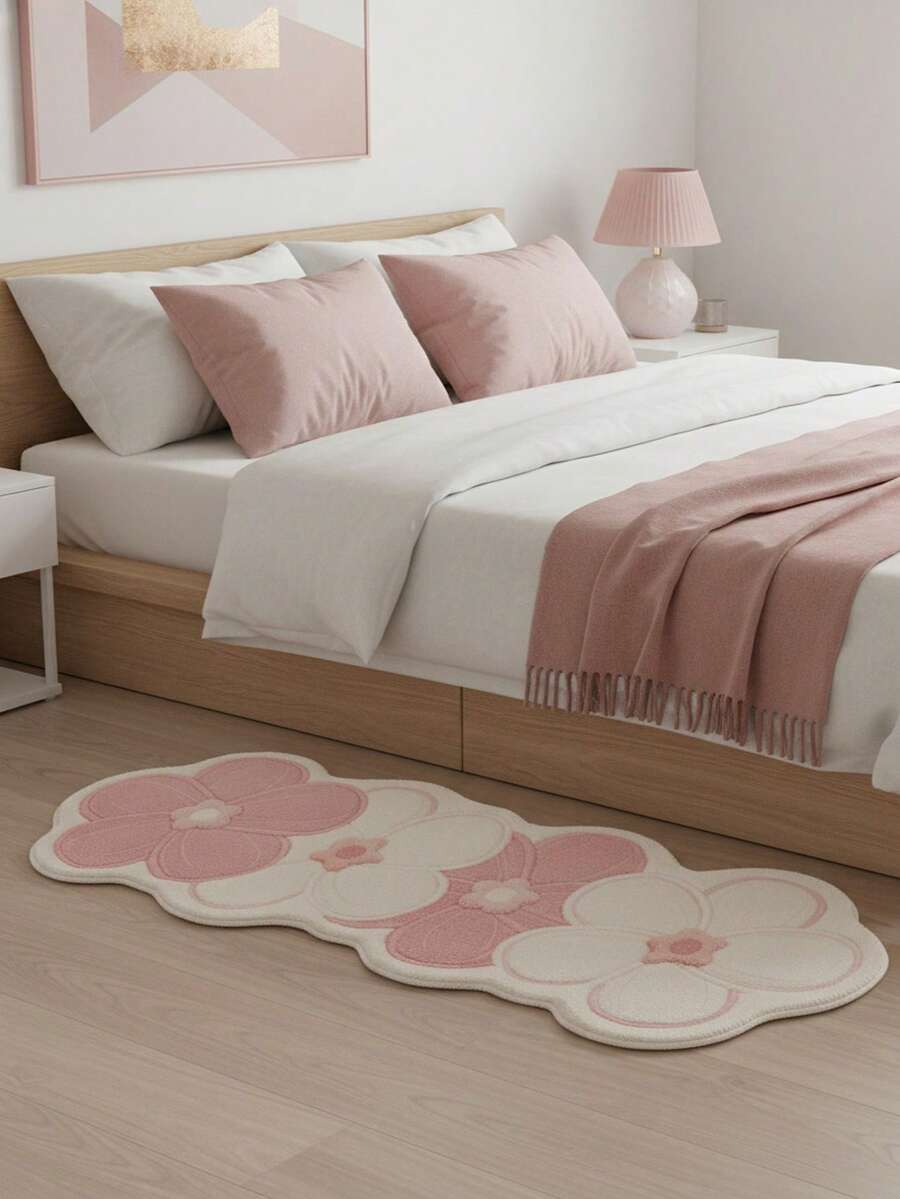 1pc Floral Pattern Soft Faux Wool Bedroom Rug, Thickened Home Cool Window Mat, Suitable For Bedroom Bedside, Sofa Edge, Dreamlike Carpet, Plush Fabric, Decorative Bathroom Mat - Multicolor - View 1