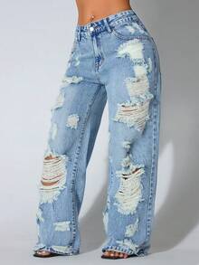 Quần jeans nữ ống rộng cạp thấp màu xanh dương bạc màu, túi xéo, dáng suông, thích hợp cho mùa xuân. - Rửa nhẹ - Xem 4