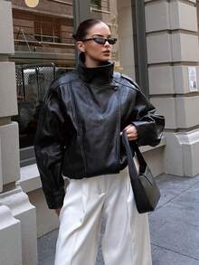 SHIBASHAN Women's Oversized Faux Leather Bomber Jacket, Stand Collar, Y2K Motorcycle Jacket With Pockets, Autumn/Winter Black - Black - View 6