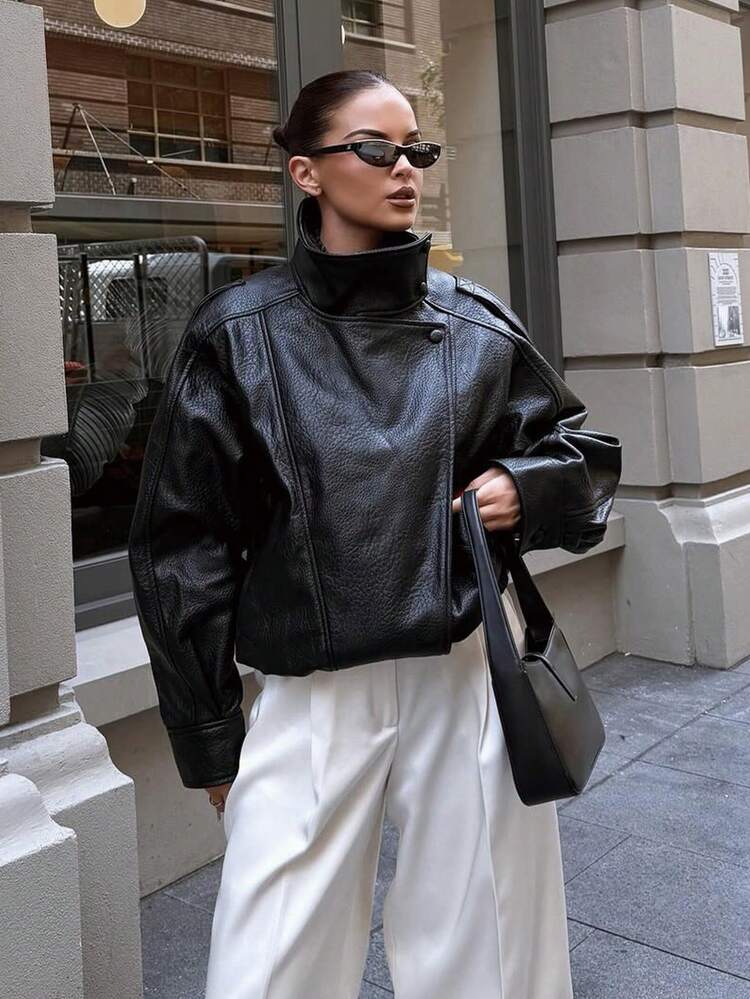 Chaqueta bomber de piel sintética oversize para mujer SHIBASHAN, con cuello alto, chaqueta de motocicleta Y2K con bolsillos, color negro para otoño/invierno - Negro - Añade 5