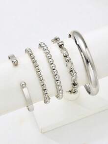 5pcs Fashionable Exaggerated Minimalist Vintage Coin Design Layered Chunky Chain Beaded Bracelet Set, Smooth Bangle Cuff Suitable For Date, Vacation, Daily Wear, Party, Wedding, Birthday Gift For Women - Silver - View 4