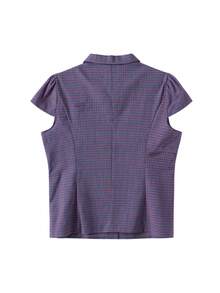 Camisa informal de verano a cuadros para mujer, color rojo, manga corta, cuello vuelto, botones y parte superior - Azul - Ver 5