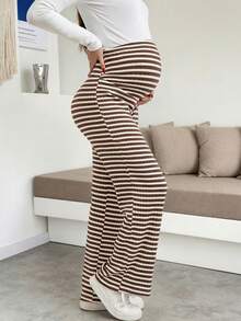Umstandshose in Große Größen mit hoher Taille, braun-weiß gestreift, elastisch, weites Bein, hoher Bund mit Bauchunterstützung, bequem und atmungsaktiv, geeignet für Lässig- und Büromode im Frühling - Braun - Übersicht 4
