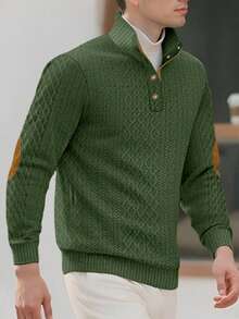 男士提花针织长袖上衣，秋冬简约立领汗衫，纯色套头T恤，男士长袖T恤，送给男朋友的节日礼物 - 墨綠色 - 查看 3