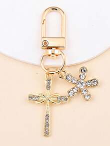 1pc Women's Minimalist Rhinestone Cross & Heart Pendant Keychain, Elegant Feng Shui Diamond Heart Delicate Gift, Earphone Case Keyring Accessory - Gold - View 5