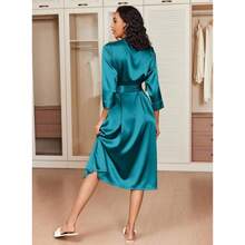 - Batas de seda largas de satn para mujer, para dama de, boda, ropa de dormir ligera y con bolsillos - 2XL + verde azulado - Ver 3