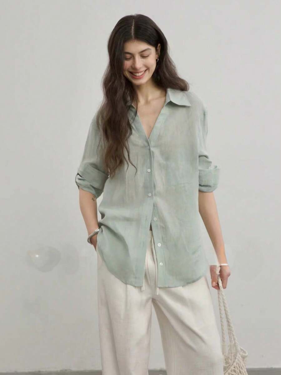 Women's Long-Sleeved Linen Shirt - Xanh ô liu 2 - Xem 1