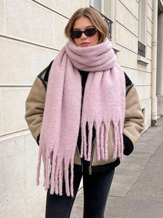 1pc Women's Thick Solid Macaroon Color Fluffy Tassel Scarf, Warm Pink Shawl For Autumn/Winter, Fashion Cold-Proof Couple Wrap, Soft & Cozy Blanket Scarf, Suitable For Daily Wear, Shopping, Photography, Party