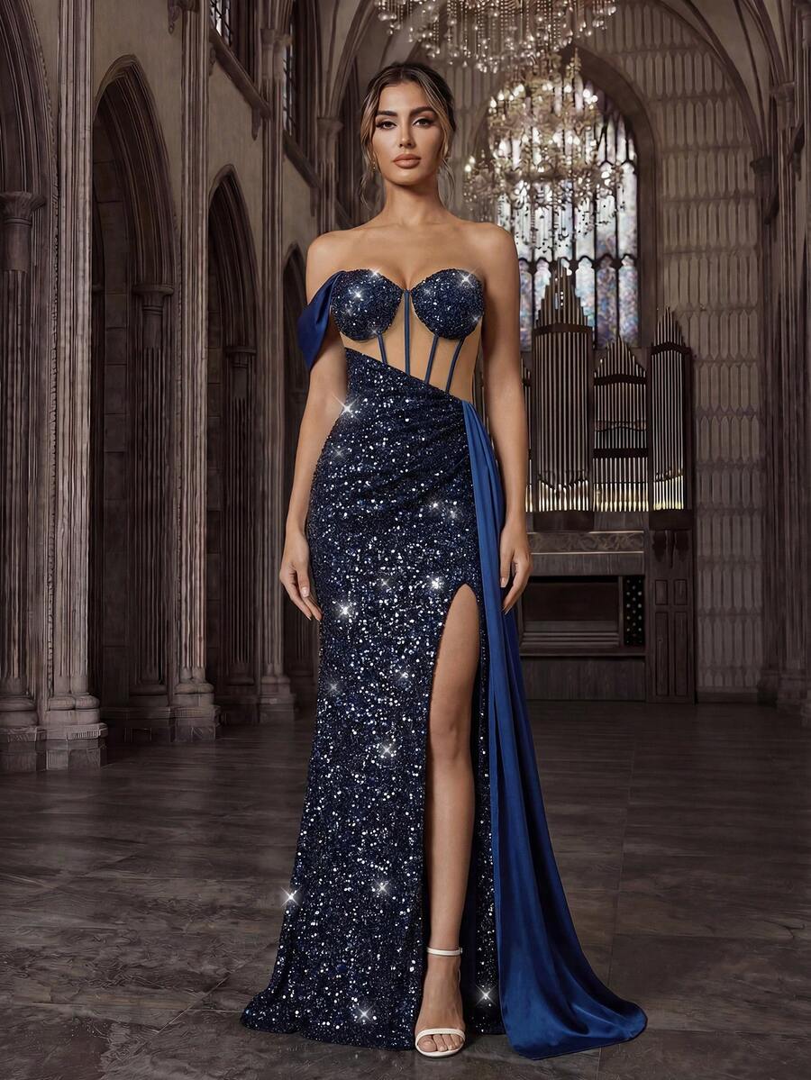 Sequin Party Formal Dress, Beaded Birthday Cocktail Evening Gown, Women's Solid Color Slit Sleeveless Backless Maxi Dress Wedding Spring - Navy Blue - View 1