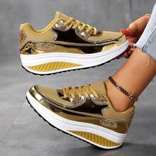 Women's Fashion Breathable Versatile Platform Sneakers, Shiny Running Shoes, Elevator Shoes, Walking Shoes, Women's Gold Athletic Shoes - Gold - View 2