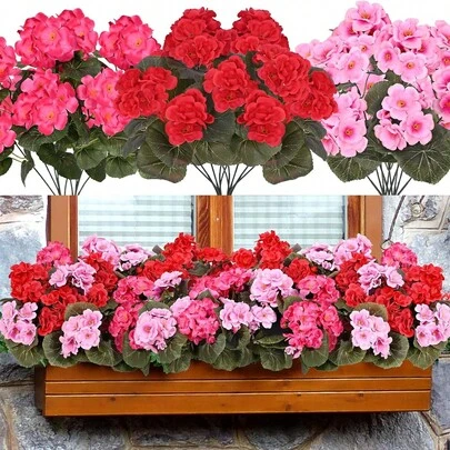 4/6pcs Outdoor Artificial Silk Geranium Flowers, UV-Resistant Fake Floral Shrubs For Home, Wedding, Kitchen Table Decor
