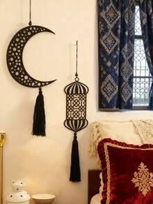 1pc Wooden Hollow Moon & Star Lantern - Hanging Decor, Wooden Ornament, Suitable For Room Decor, Home Decor, Kitchen Decor, Wedding Decor, Dining Table Centerpiece, Office Decor, Garden Decor, Outdoor Decor, Home Decoration, Wall Decor - Black - View 4