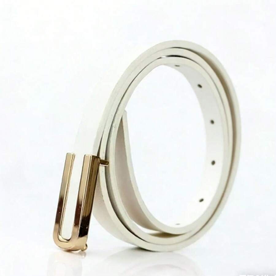 1件装女士U型金属扣细皮带连衣裙腰带，简约白色西装腰带，百搭时尚 - 白色 - 查看 1