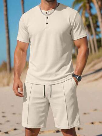 Set de 2 camisetas de manga corta casuales para hombres con textura de unicolor y parches, adecuadas para vacaciones, uso diario, sencillas y de moda