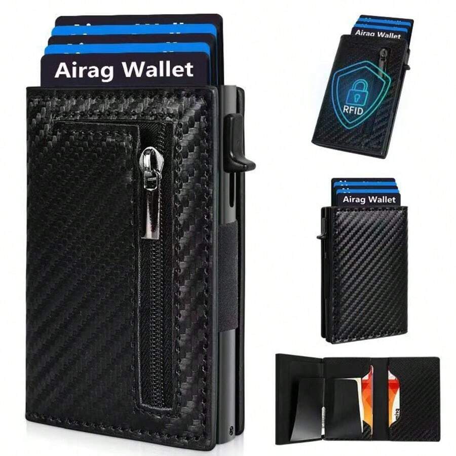 1 pieza Cartera de fibra de carbono con protección RFID para hombres, billetera minimalista de lujo ultra delgada, bolso de embrague de metal negro para negocios, regalo para novio, padre, esposo, regalo de viaje y negocios para hombres, casual de negocios, almacenamiento NASH