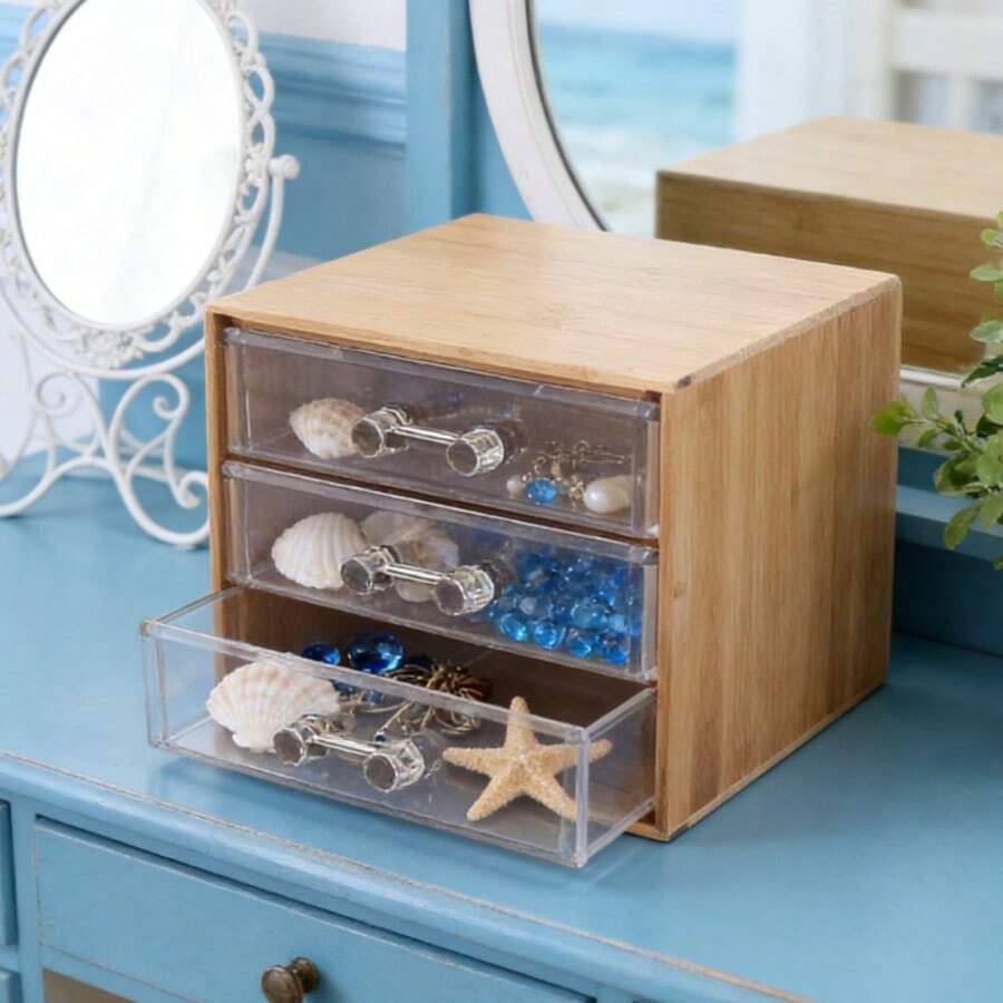 2/3 Layer Bamboo & Acrylic Jewelry Storage Box - Household Dust-Proof Organizer Box - Desktop Small Items Sorting Drawer Box - Multicolor - View 1