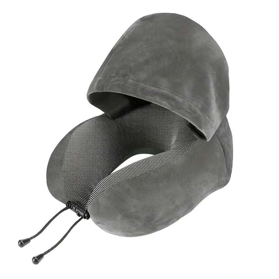 U-Shaped Travel Pillow With Hood - Adjustable, Portable Neck Support Fit For Airplane & Home Use, Medium Soft, Washable Cover - Xám - Xem 1