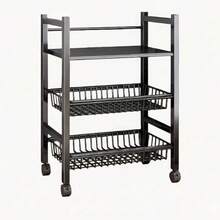 A 4-Layer Black Metal Storage Rack With Wheels - A Multi-Functional Vegetable Rack For The Kitchen And Pantry, Featuring 3 Metal Baskets, Kitchen Storage Items And Storage Cabinets - Black - View 3