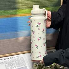 1pc Floral Stainless Steel Insulated Water Bottle - Double Wall Vacuum Tumbler, Suitable For Hot & Cold Drinks, 600ml/800ml/1000ml Size, Great For Travel, Gym, Outdoor Activities And Gifts - White - View 8