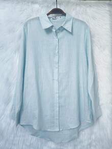 Women's Long-Sleeved Linen Shirt - Xanh nhạt 2 - Xem 2