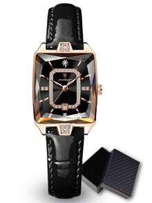 POEDAGAR 1件装时尚优雅女士防水夜光日期腕表，PU皮表带，水钻装饰，奢华女士石英腕表，适合日常佩戴，女士礼物