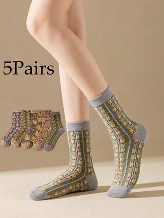 5 Pairs Versatile Vintage 3D Floral Mid-Calf Socks, Autumn/Winter