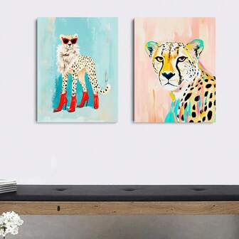 1pc/2pcs Set Red Heels Cheetah Animal Wall Arts Painting Posters, Maximalist Wall Decor,Home Decor,For Hotel Office Living Room Bedroom Corridor Bar Decor,Perfect Gift,Wall Arts,Wall Decor,No Frame