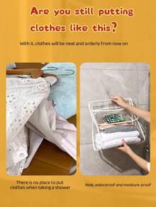 حقيبة تخزين ملابس شفافة مقاومة للماء وذات شاشة لمس كبيرة السعة، يمكن تعليقها، باللونين الأبيض والأسود متعددة الوظائف، يمكن فتحها وإغلاقها، مناسبة للحمام والغرفة الجامعية، تأتي مع خطاف عشوائي