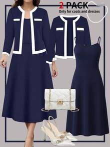 Plus Size Women's Navy Blue Elegant Dress Set, Fashionable Casual Long Sleeve Cardigan Jacket Paired With Slimming Waist Dress, Two Pieces Outfit, Suitable For Work, Dating, Everyday Wear, Spring/Summer/Autumn - Navy Blue - View 4
