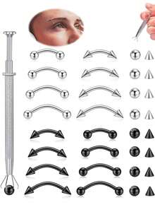AVYRING 1 Bộ trang sức xỏ khuyên lông mày, gồm bi và gai thay thế, trang sức xỏ khuyên dạng tạ cong, trang sức xỏ môi dạng dọc, xỏ khuyên tai (rook) cho nam và nữ. - Kiểu 1# - Xem 1
