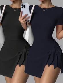 2 pièces Ensemble robe de sport élégante à dos nu avec nœud décoratif, polyvalent pour l'été - Multicolore - Voir 1
