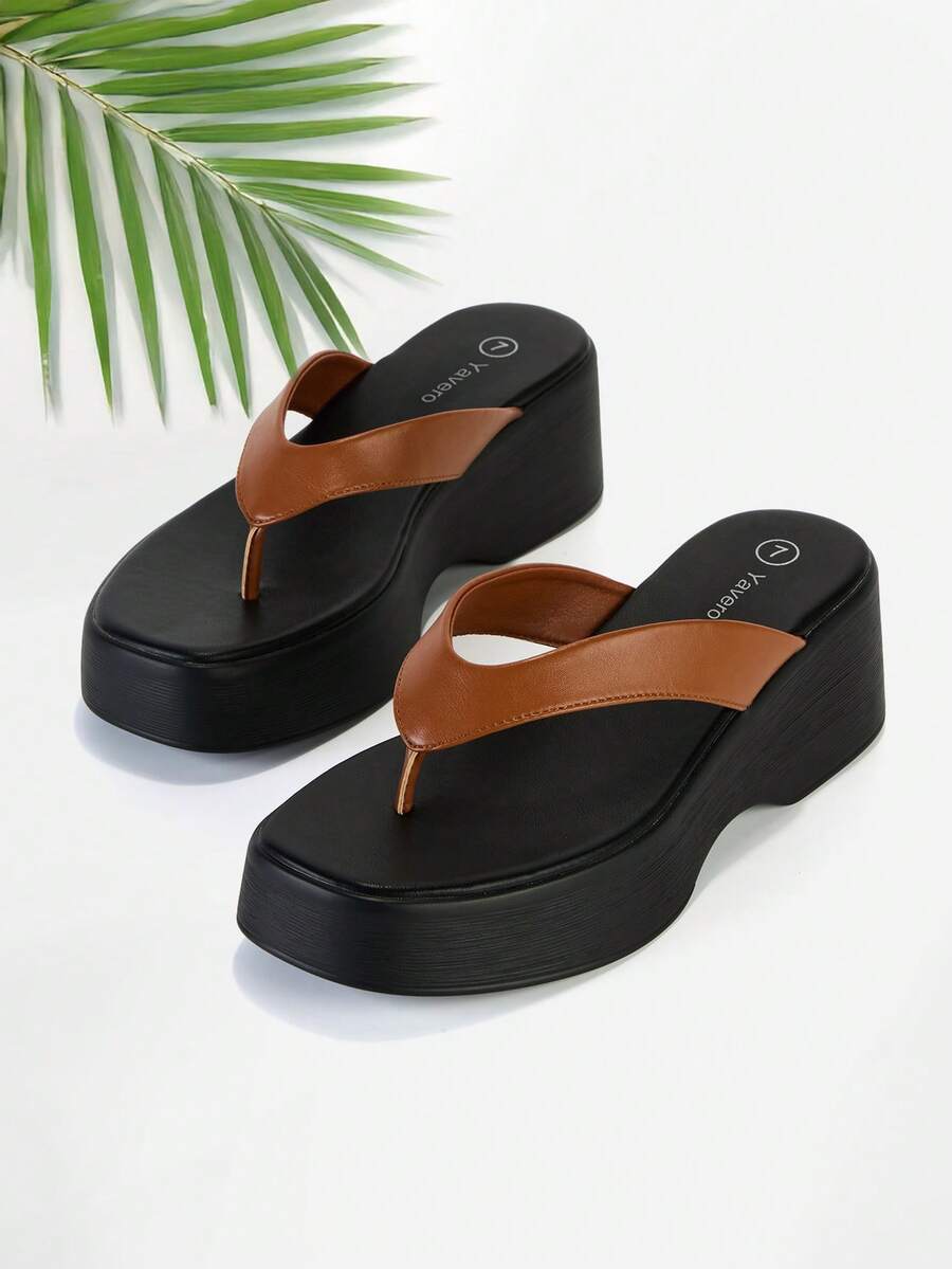 Women's Thick Sole Thong Sandals Casual&Simple Flip Flops Comfortable Soft Platform Sandals - màu nâu - Xem 1