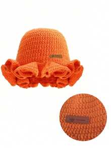 1pc Women Handmade Crochet Ruffle Brim Bucket Hat, Novelty Casual Floppy Cloche Hat - Solid Color - View 36