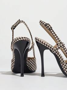 Women's Pointed Toe Stiletto Stilettos Fashionable Houndstooth Backless Buckle High Heel Pumps - White/Brown - View 7