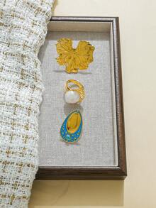 1pc Fashionable Stainless Steel 18K Gold Plated Large Pearl Fan Ring/Blue Universe Ring/Lotus Leaf Ring, Suitable For Women For Daily Wear, Banquet, Party, Travel, Holiday