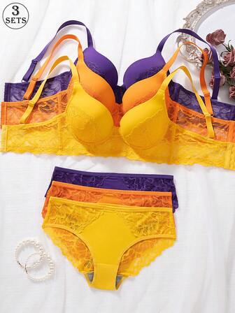 6 delar set med spetsdetaljer för kvinnor, trekantstrosor, kontorsdesign, bygel-bh med starkt lyft och stöd, formar rundad och full byst, bekväma och åtsittande trekantstrosor med 3-raders hyskstängning, lämpliga för professionellt dagligt bruk