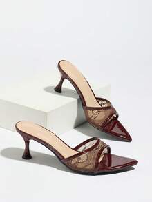 女士优雅穆勒凉鞋 - 蕾丝网面，经典套脚设计，性感收腰，宽鞋面，尖头，优雅猫跟，酒杯跟，低跟鞋，适合春夏时尚、晚宴、T台走秀、休闲、居家、户外、旅行、职场、通勤等场合，高端品质，镜面抛光，透气蕾丝质感，尽显成熟魅力，酒红色 - 酒紅色 - 查看 7