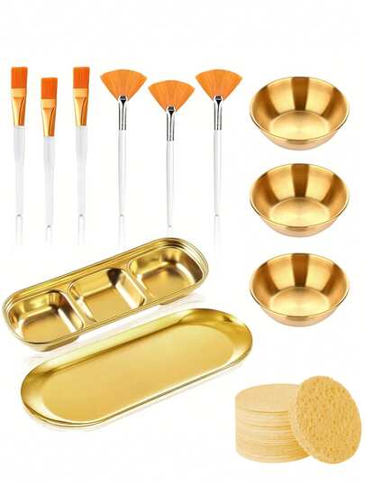 2/3/8/9/10/11/21 piezas Juego de herramientas para el cuidado facial y spa, Tazón de mezcla de acero inoxidable dorado, Accesorios DIY, Bandeja dorada, Bandeja dorada dividida, Brocha de abanico facial, Brocha para mascarilla facial, Esponjas redondas comprimidas para limpieza facial, Múltiples tamaños disponibles