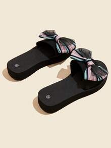 女士蝴蝶结装饰休闲平底鞋 - 后跟系带 EVA 鞋底，圆头套脚凉鞋，织物内里，亚麻鞋面，中跟，四季皆宜 - 可手洗 - 彩色 - 查看 3