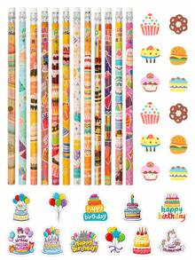 40/80件生日主题派对礼品套装，可爱有趣的生日铅笔、橡皮和贴纸套装，适合作为课堂奖励礼物、生日回礼、教室办公用品、派对礼品袋填充物，是送给朋友和家人的完美生日礼物。 - 彩色 - 查看 4