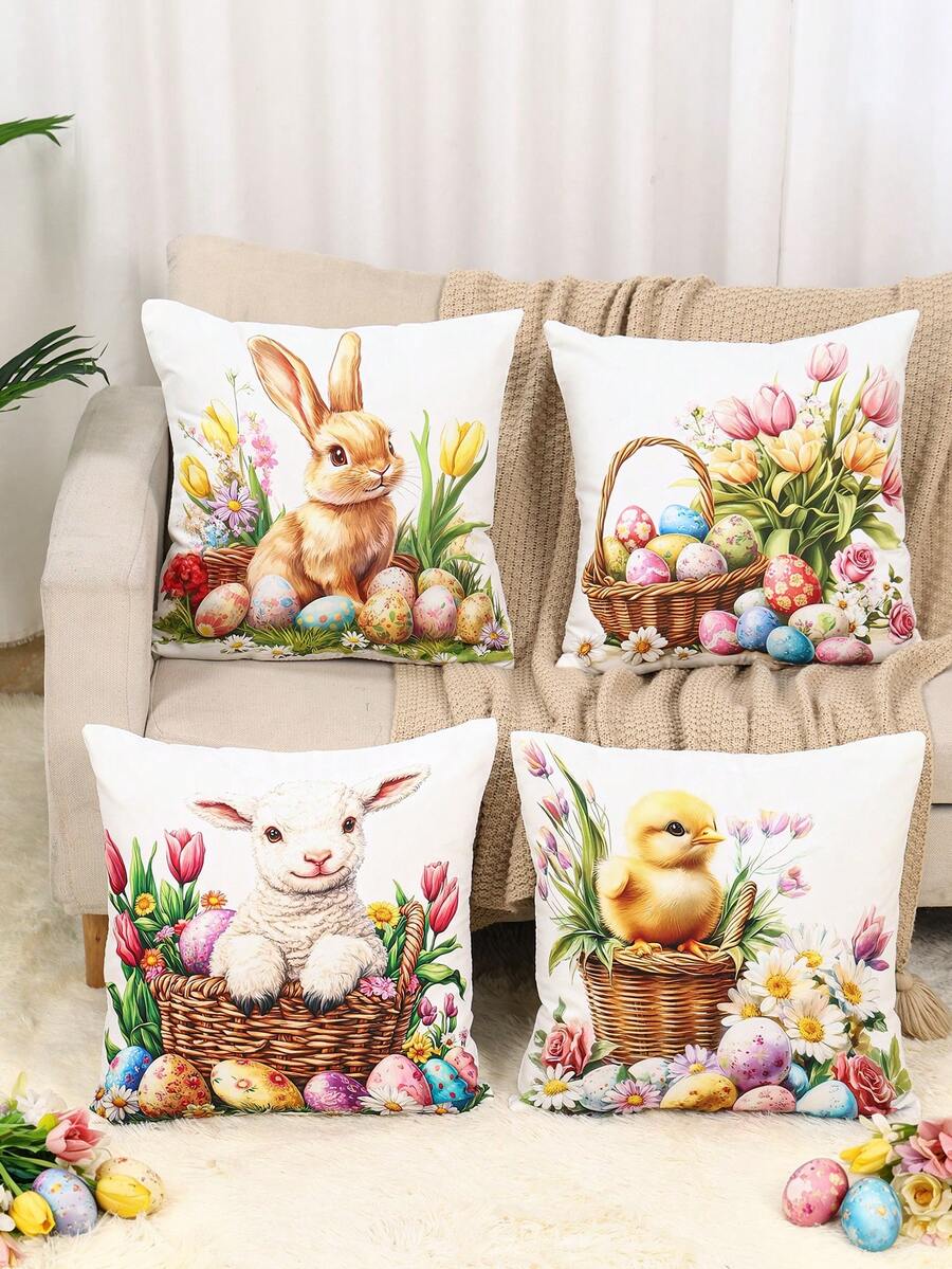 4件套复活节枕套，复活节快乐抱枕套，饰有兔子、彩蛋、小鸡和绵羊图案，45*45厘米桃皮绒面料，抱枕套，复活节家居装饰，复活节派对装饰，卧室配件，办公椅用品，春季装饰，复活节彩蛋寻宝派对礼品，房间装饰，复活节礼物，春季派对礼品