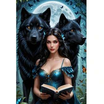 1 Parça 5D Kendin Yap Elmas Boyama Seti - Ay Işığı, Kadın ve Kurt Adam Manzarası - Hayvan Temalı Yuvarlak Akrilik Elmas - Çerçevesiz İç Mekan Dekoratif Sanat Eseri