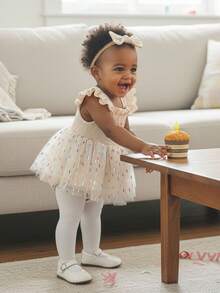 Baby Girl 1st Birthday Clothes One Year Old Tulle Romper Flying Sleeve Bodysuit Cake Smash Outfits - 卡其色 - 查看 3