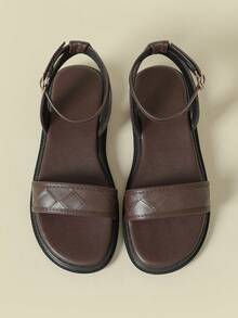 Women's Thick Sole Strap Buckle Sandals, Bohemian Style, Retro Random Print, Open Toe, Comfortable, Wedge Heel, Breathable, Elegant, Suitable For Beach, Spring/Autumn, Coffee Brown, Asymmetrical Embossed, Large Size 41-43 - Coffee Brown - View 7