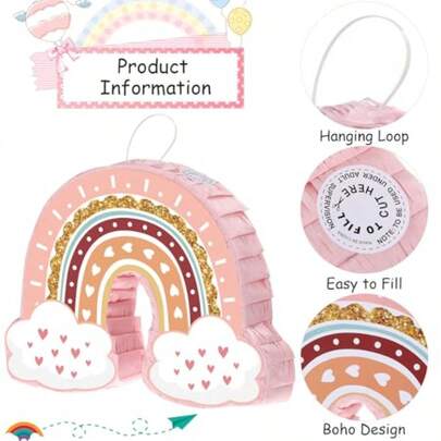 Piñata Arcoíris Bohemia Piñata Arcoíris Rosa para Fiesta con Palo Venda y Confeti Colorido para Niños Cumpleaños Temática Boho Baby Shower Decoración