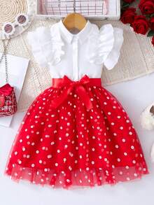 Girls Sleeveless Dress, Red & White Color Block Frill Trim Shirt Collar Mesh Skirt Cute Princess Dress, Summer - Red - View 9