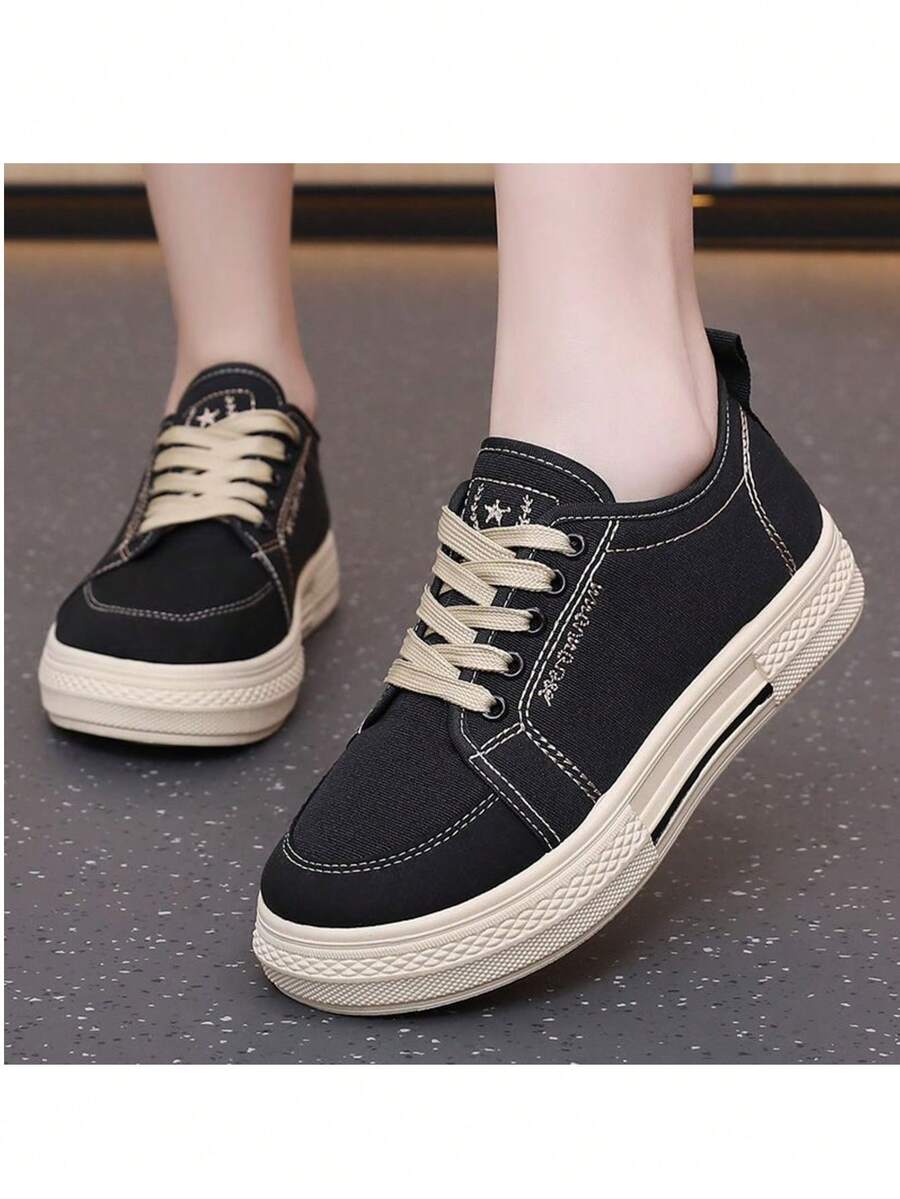 Women's Canvas Shoes, New Korean Version, Retro Versatile Low-Top Sneakers, Student White Shoes - Black - View 1